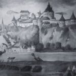 Burg und Kerker der stadt Kufstein als schwarzweis Zeichnung